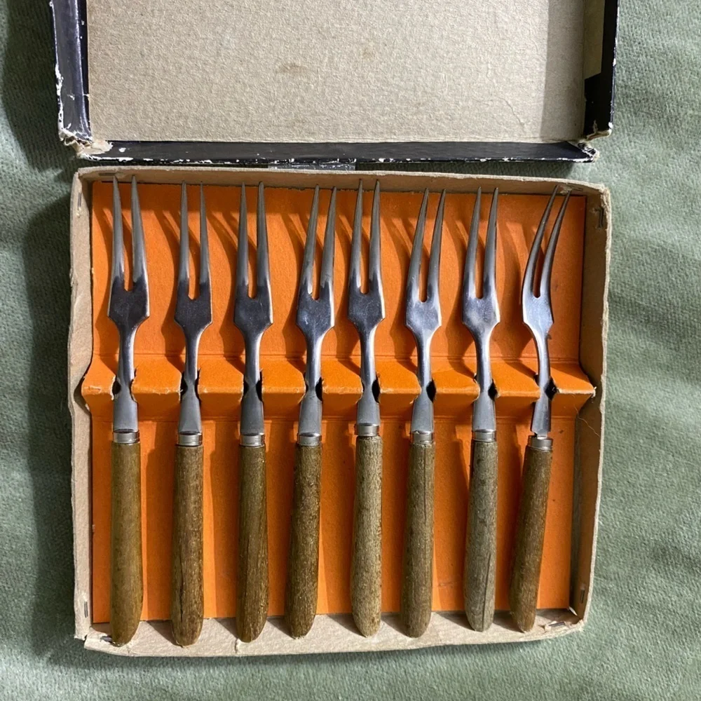 Vintage party forks stainless steel with wooden handles set of 8.  #16